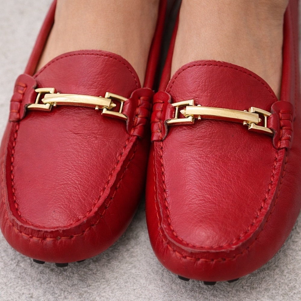 Ausland Red Driving Loafers Size 39 (US 8.5) Moccasin Flats Gold Bit Slip On - Picture 4 of 11